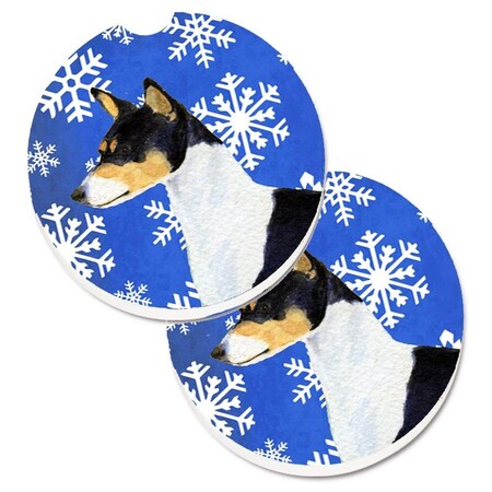 Carolines Treasures Basenji Winter Snowflakes Holiday Set of 2 Cup Holder Car Coaster SS4652CARC